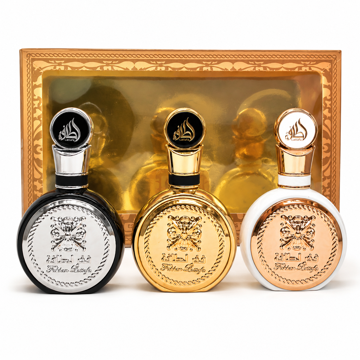15f1146a-c29c-43d6-8f97-f1a7fbb2774d ست ۳ عددی عطر فخر لطافه (Fakhar Lattafa) مدل Miniature Gift Set – پک هدیه لوکس شامل نسخههای زنانه و مردانه - Image 1