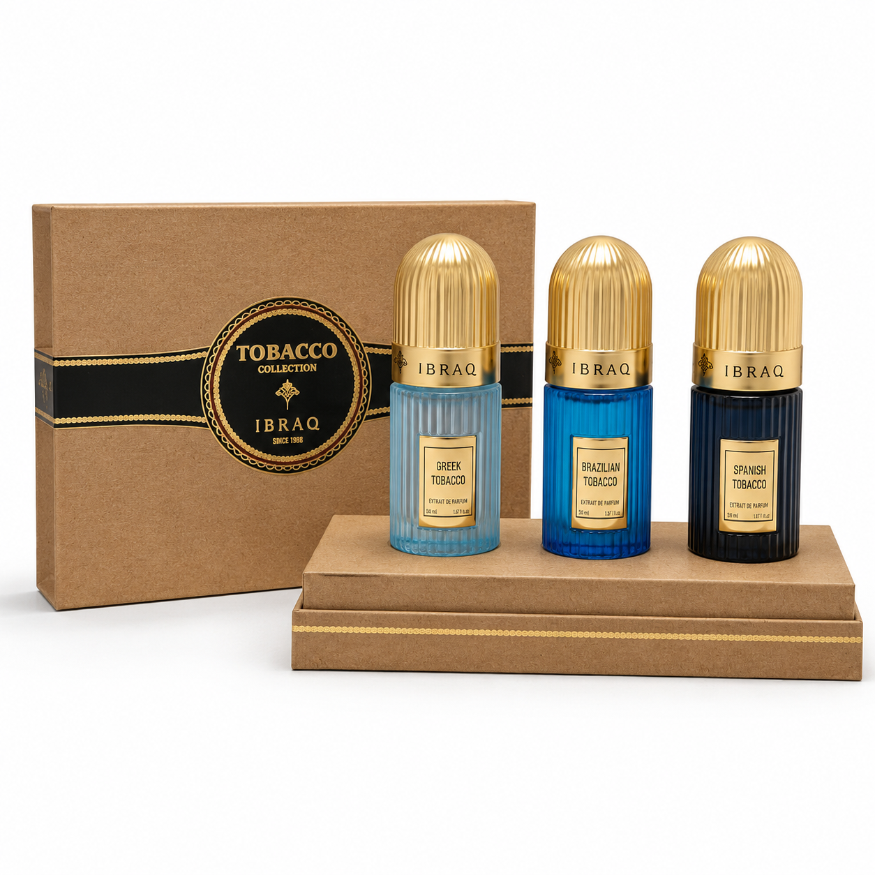 19b4923c-aeb6-4686-9a3a-64b0a199c0ae ست ۳ عددی عطر ایبراک (Ibraq) مدل Tobacco Collection – پک هدیه نیش شامل روایح Greek، Brazilian و Spanish Tobacco - Image 1