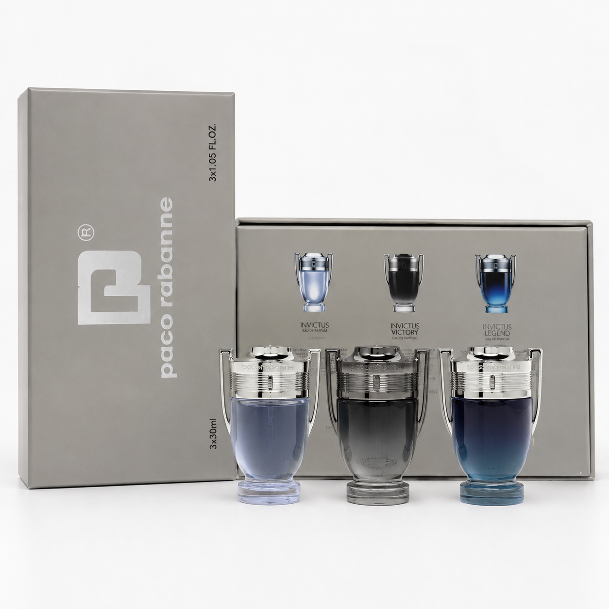 6124fc85-ccb8-491e-82b9-8ec2c7f9c617 ست ۳ عددی عطر مردانه پاکو رابان (Paco Rabanne) مدل اینویکتوس (Invictus) – شامل نسخههای Intense ،Invictus و Legend - Image 1
