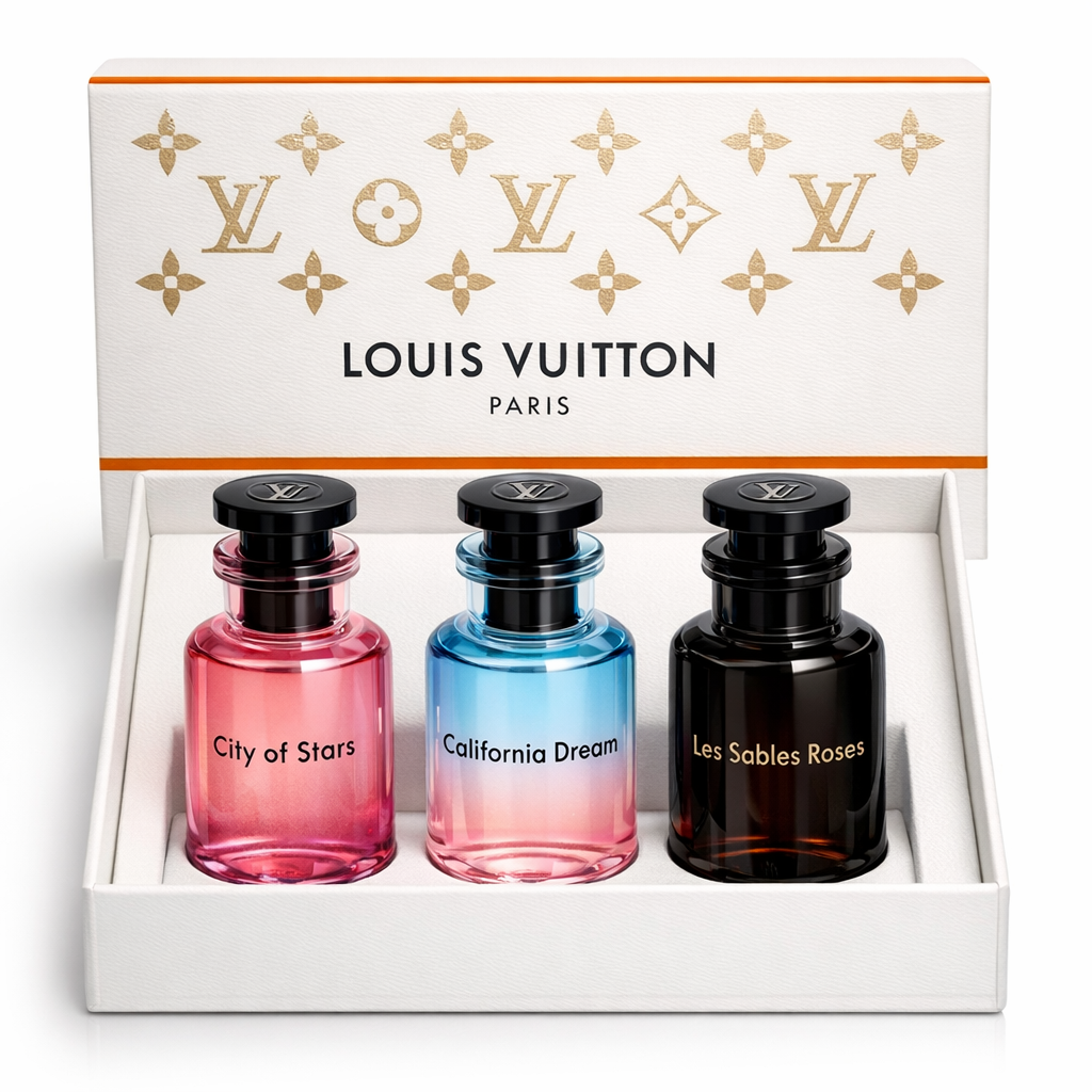 6cb4b400-56e0-4c09-b4e2-0033b6e07787 ست ۳ عددی عطر لویی ویتون (Louis Vuitton) مدل Miniature Trio – کالکشن خاص City of Stars ،California Dream و Les Sables Roses - Image 1
